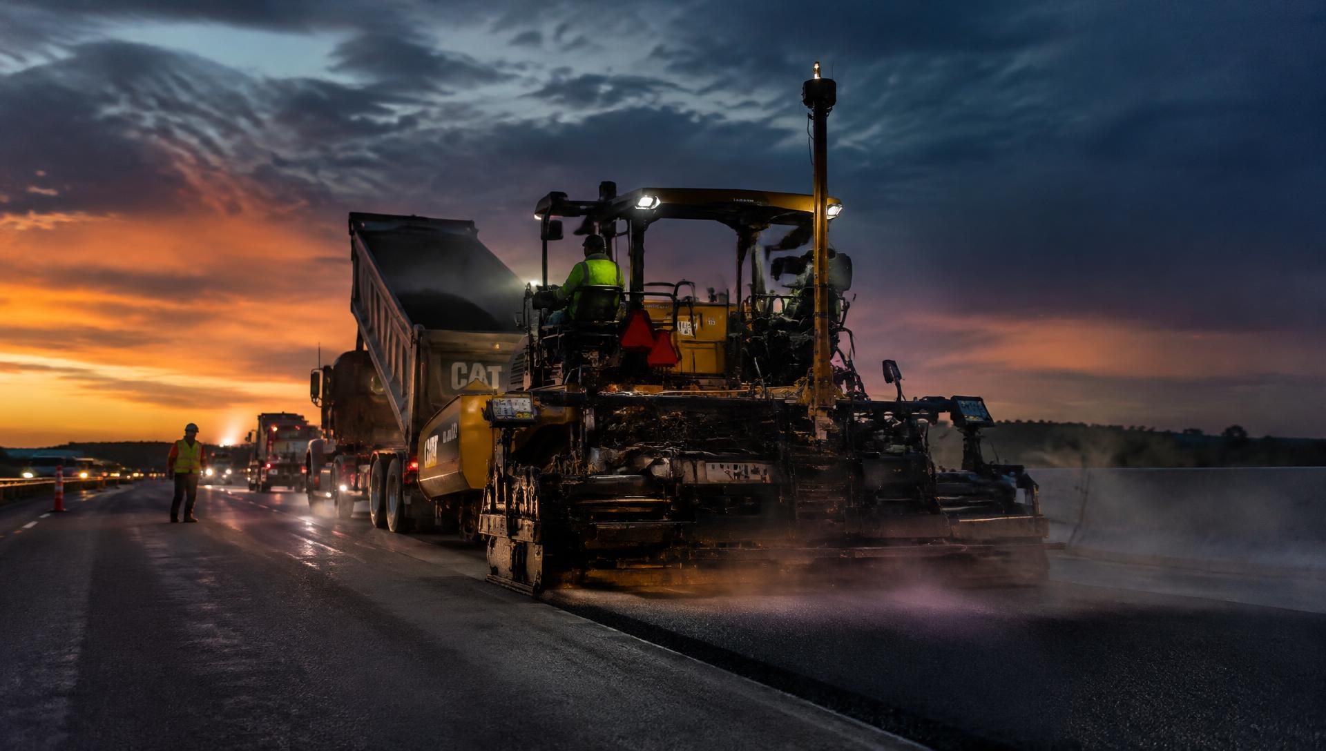 Asphalt paver with GPS machine control at dusk